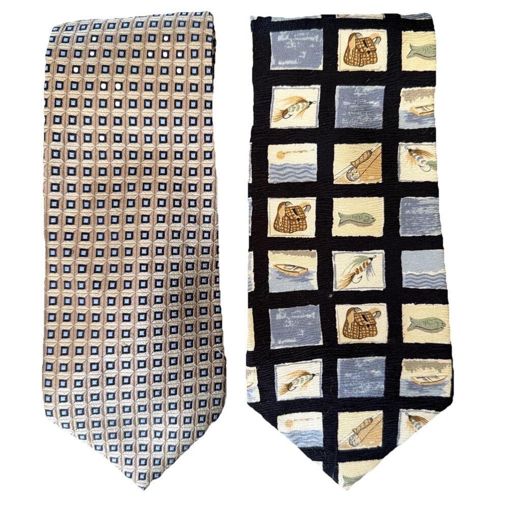 Nautica 2 Silk Neckties Ties Blue Fly Fishing Trout Squares USA Gift Lot Bundle